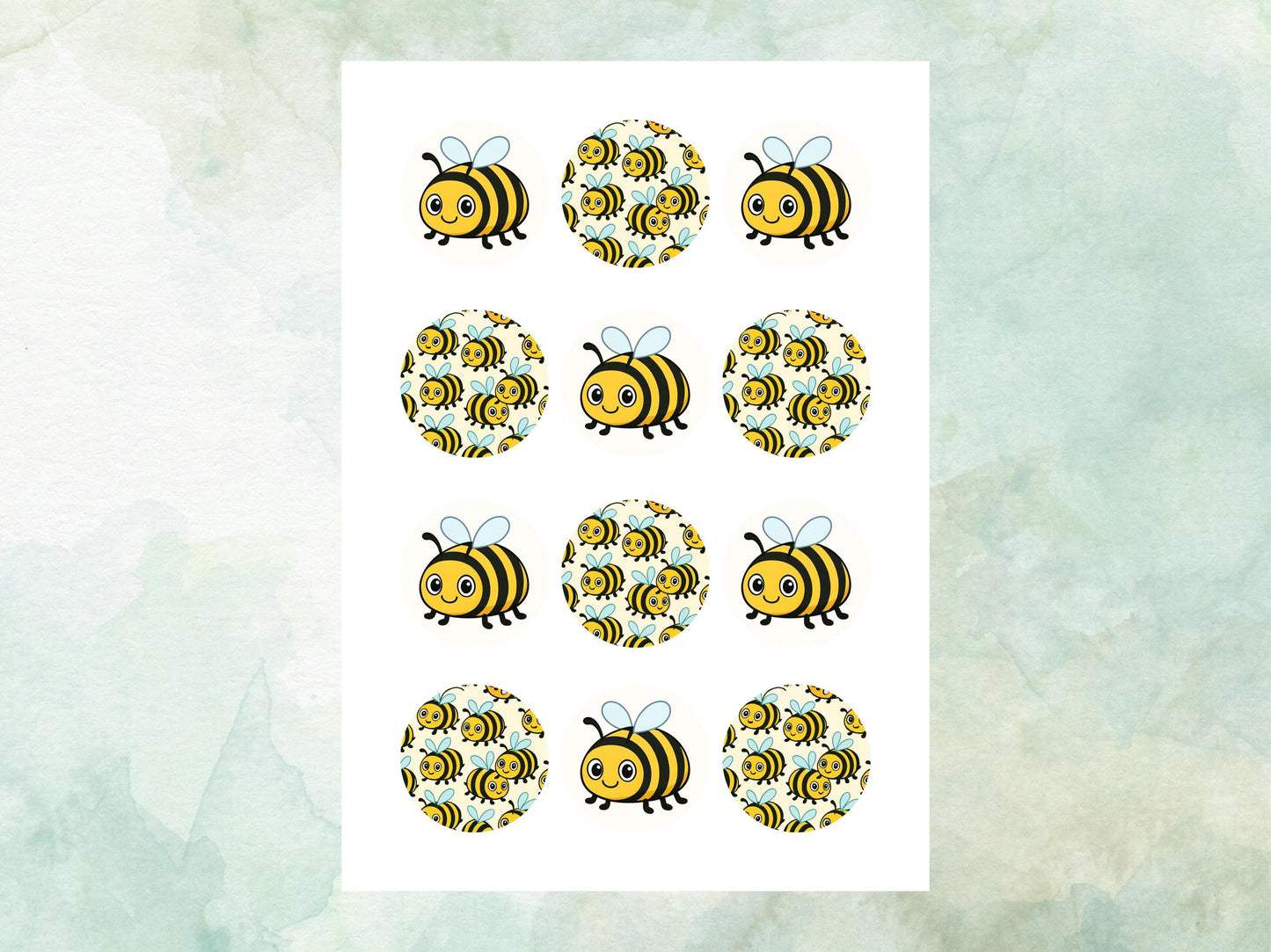 Cute Bumble Bee Edible Cupcake Toppers 12 x 2"– Pre cut Wafer Paper, Card or Icing Sheet, Bumble Bee Birthday Cake Topper