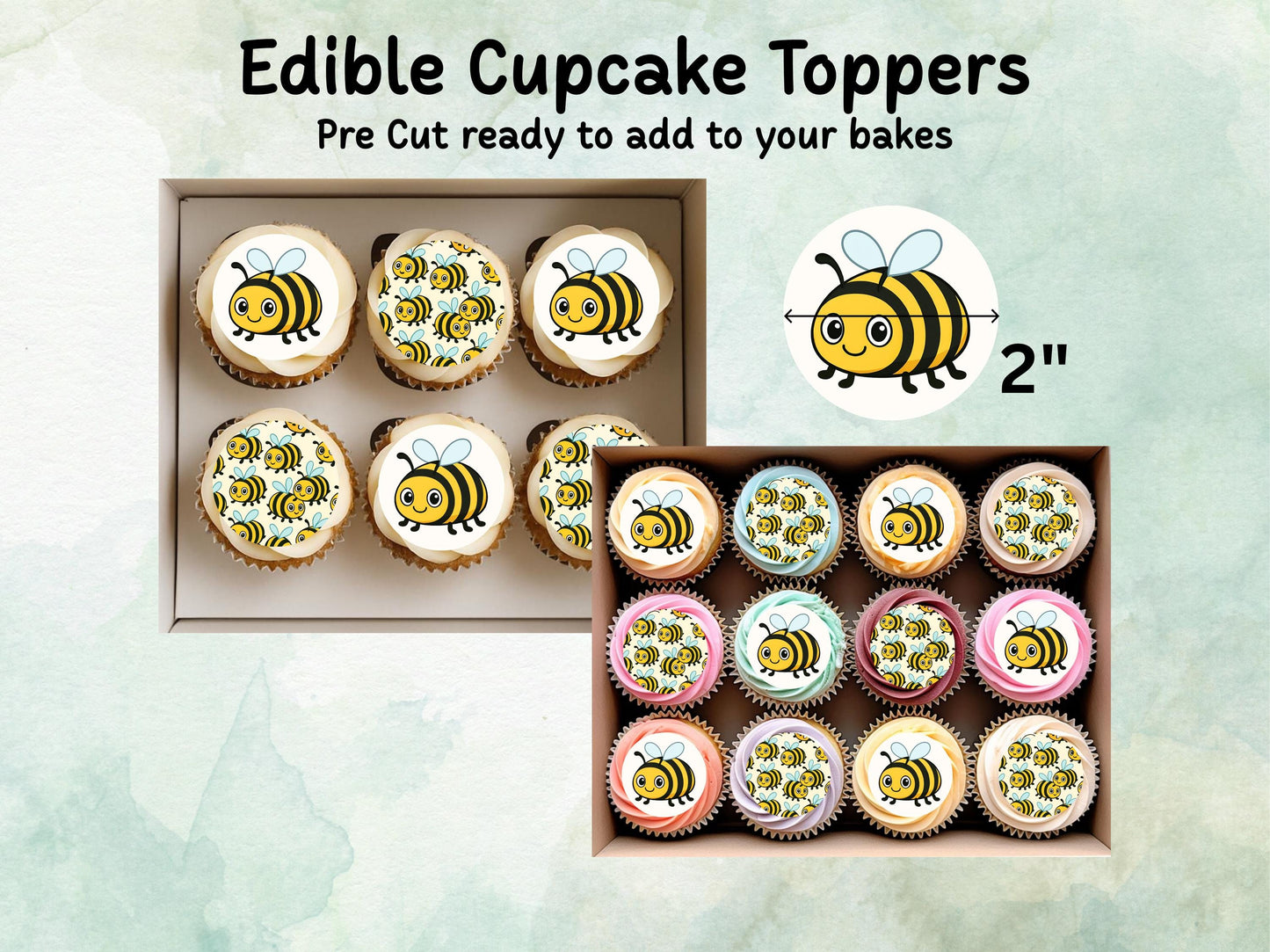 Cute Bumble Bee Edible Cupcake Toppers 12 x 2"– Pre cut Wafer Paper, Card or Icing Sheet, Bumble Bee Birthday Cake Topper