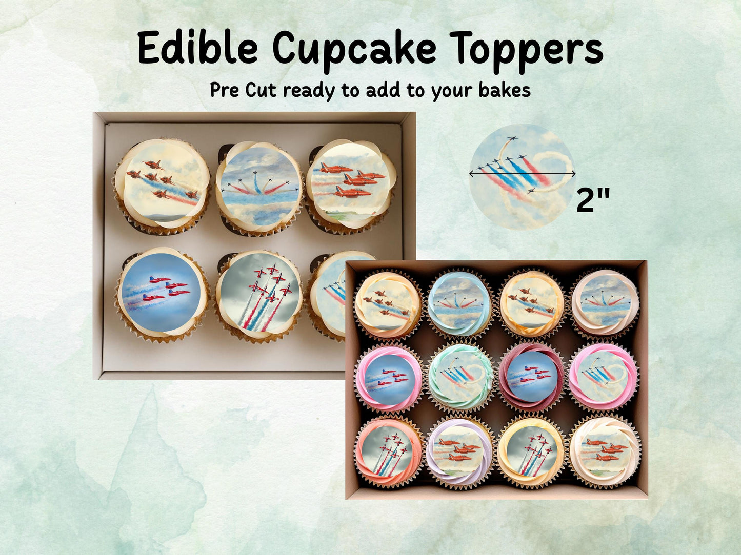 Jet Edible Cupcake Toppers 12 x 2"– Pre cut Wafer Paper, Card or Icing Sheet, Jet Airshow Cake and Cookie Decorations