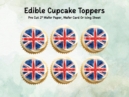 Union Jack Edible Cupcake Toppers 12 x 2" – Pre cut Wafer Paper, Card or Icing Sheet, British Flag Cake Decorations