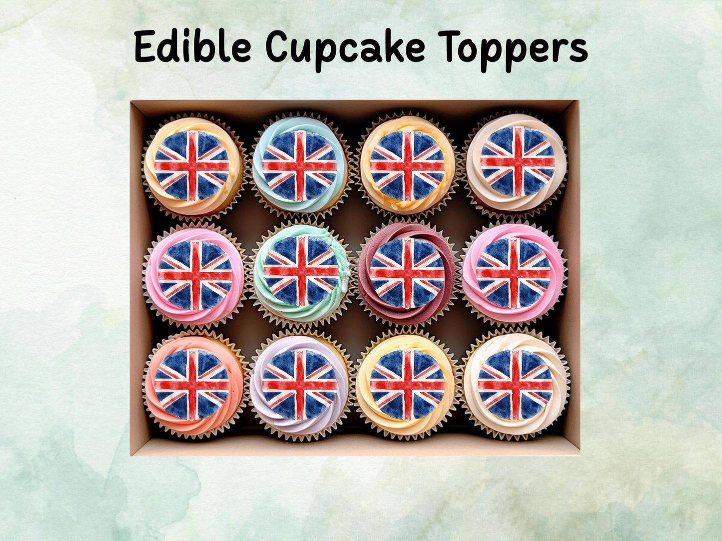 Union Jack Edible Cupcake Toppers 12 x 2" – Pre cut Wafer Paper, Card or Icing Sheet, British Flag Cake Decorations