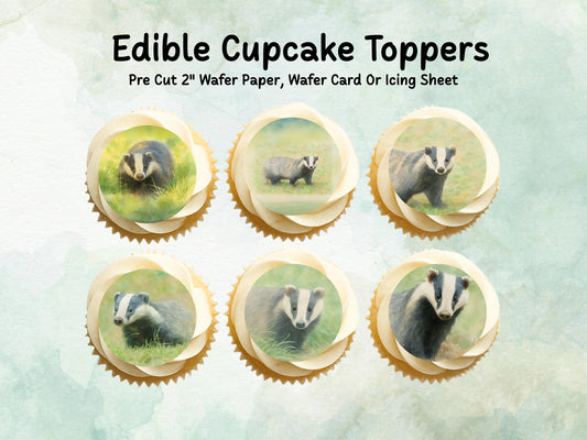 Badger Edible Cupcake Toppers 12 x 2"– Pre cut Wafer Paper, Card or Icing Sheet, Badger Birthday Cake Topper, Wildlife Cake Decoration