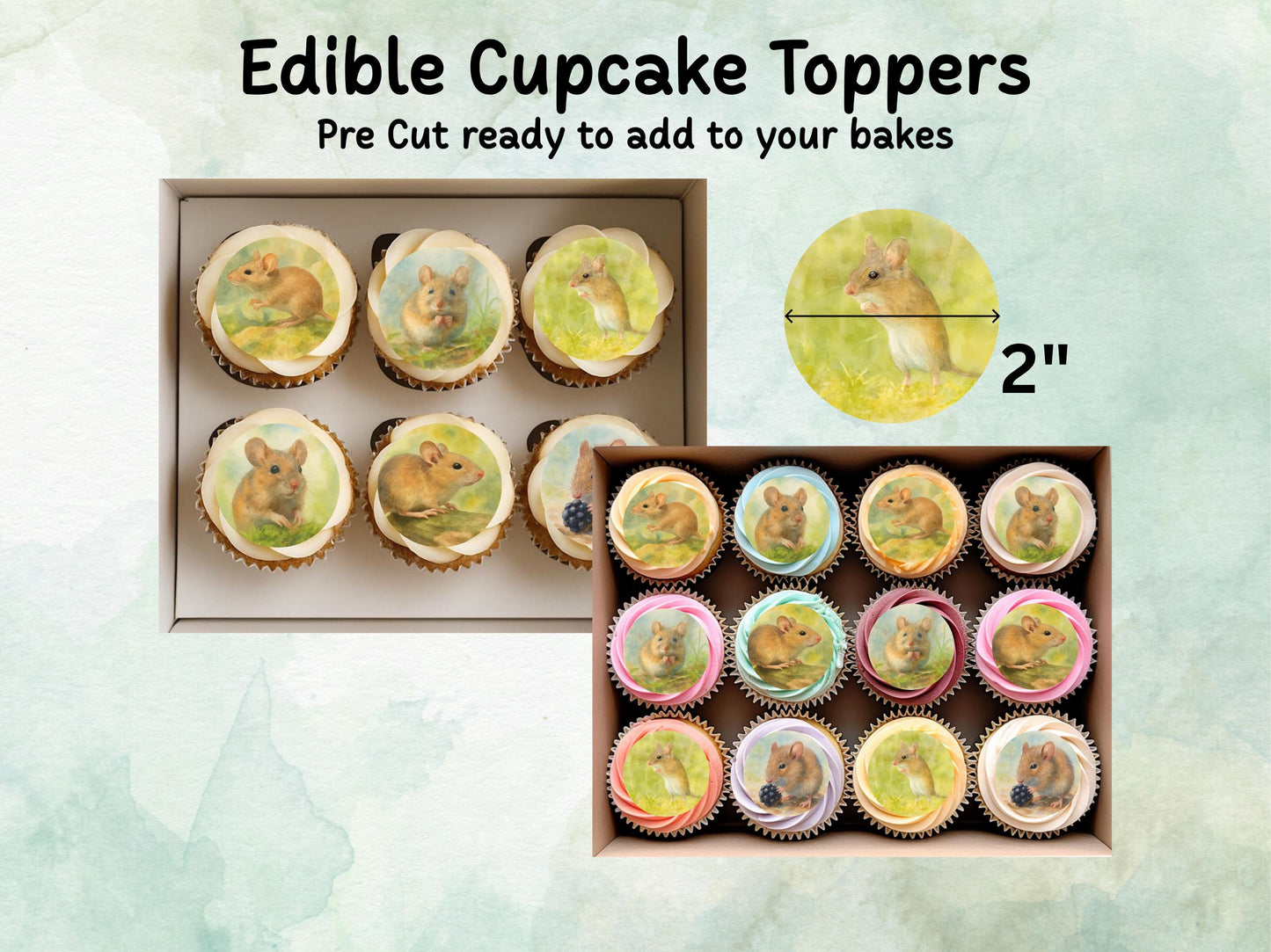 Mouse Edible Cupcake Toppers 12 x 2"– Pre cut Wafer Paper, Card or Icing Sheet, Mouse Birthday Cake Topper, Wildlife Cake Decoration