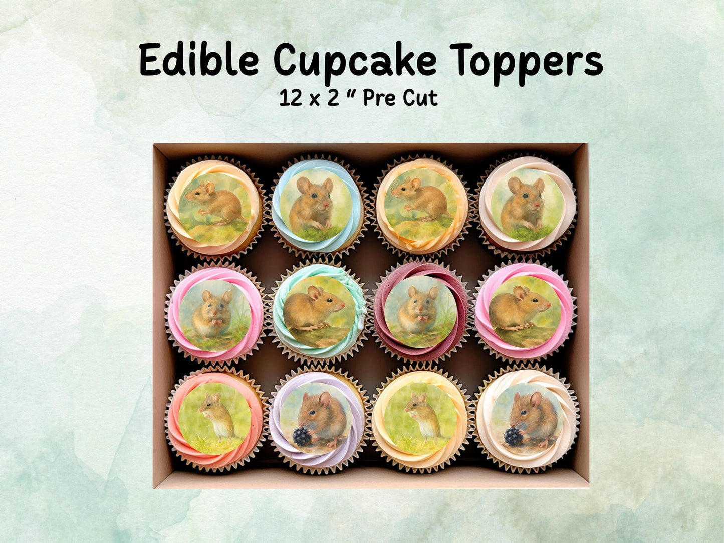 Mouse Edible Cupcake Toppers 12 x 2"– Pre cut Wafer Paper, Card or Icing Sheet, Mouse Birthday Cake Topper, Wildlife Cake Decoration