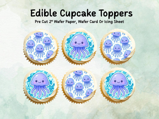 Cute Jellyfish Edible Cupcake Toppers 12 x 2"– Pre cut Wafer Paper, Card or Icing Sheet, Under the Sea Jellyfish Birthday Cake Topper