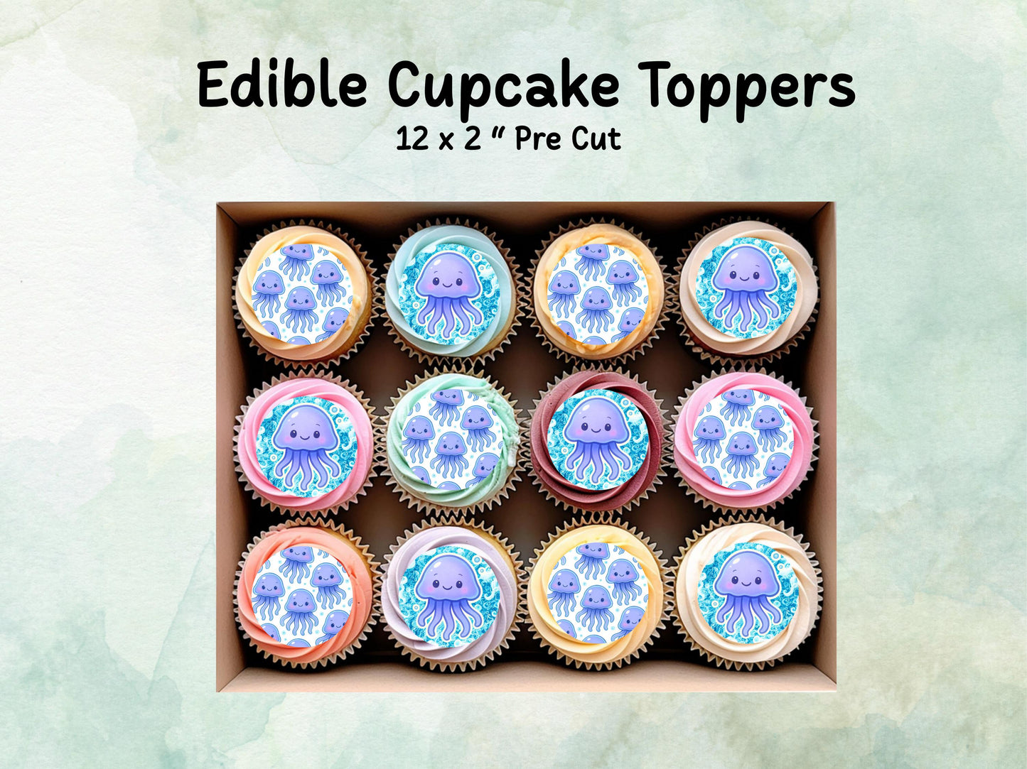 Cute Jellyfish Edible Cupcake Toppers 12 x 2"– Pre cut Wafer Paper, Card or Icing Sheet, Under the Sea Jellyfish Birthday Cake Topper