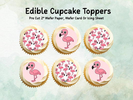Cute Flamingo Edible Cupcake Toppers 12 x 2"– Pre cut Wafer Paper, Card or Icing Sheet, Flamingo Birthday Cake Topper
