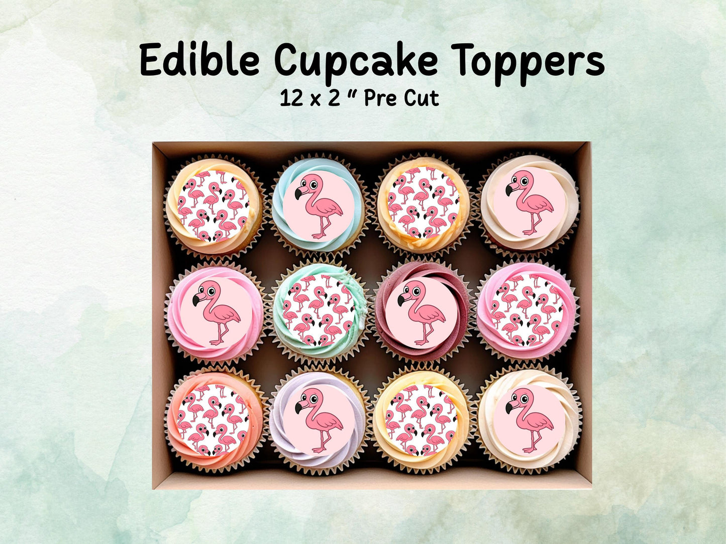 Cute Flamingo Edible Cupcake Toppers 12 x 2"– Pre cut Wafer Paper, Card or Icing Sheet, Flamingo Birthday Cake Topper