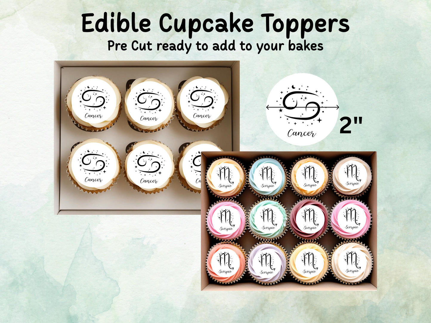 Star Sign Edible Cupcake Toppers 12 x 2"– Pre cut Wafer Paper, Card or Icing Sheet, Signs of the Zodiac Birthday Cake Topper