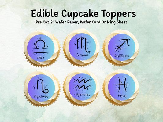 Star Sign Edible Cupcake Toppers 12 x 2"– Pre cut Wafer Paper, Card or Icing Sheet, Signs of the Zodiac Birthday Cake Topper