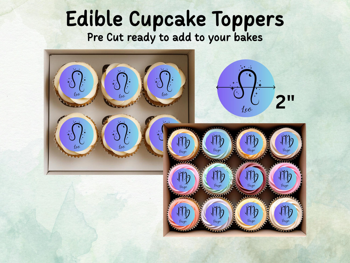 Star Sign Edible Cupcake Toppers 12 x 2"– Pre cut Wafer Paper, Card or Icing Sheet, Signs of the Zodiac Birthday Cake Topper