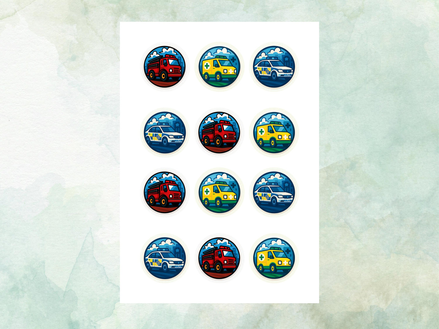 Emergency Vehicle Edible Cupcake Toppers 12 x 2"– Pre cut Wafer Paper, Card or Icing Sheet, Fire Engine, Ambulance, Police Car Cake Toppers