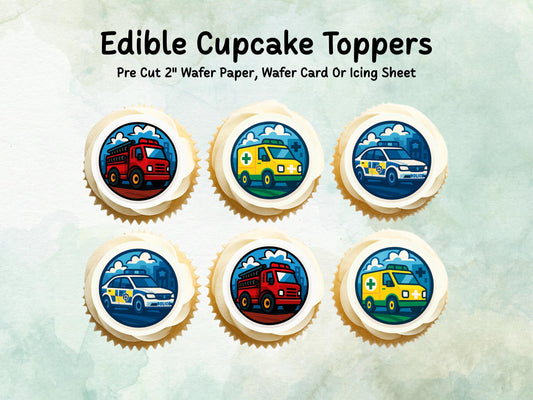 Emergency Vehicle Edible Cupcake Toppers 12 x 2"– Pre cut Wafer Paper, Card or Icing Sheet, Fire Engine, Ambulance, Police Car Cake Toppers