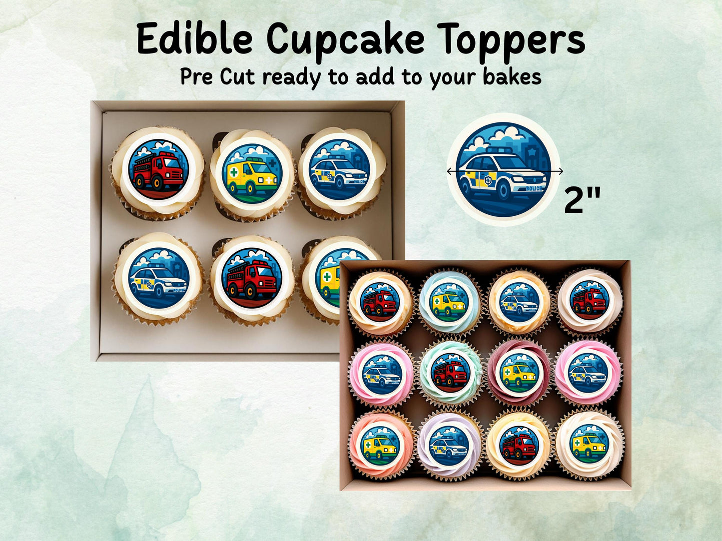 Emergency Vehicle Edible Cupcake Toppers 12 x 2"– Pre cut Wafer Paper, Card or Icing Sheet, Fire Engine, Ambulance, Police Car Cake Toppers