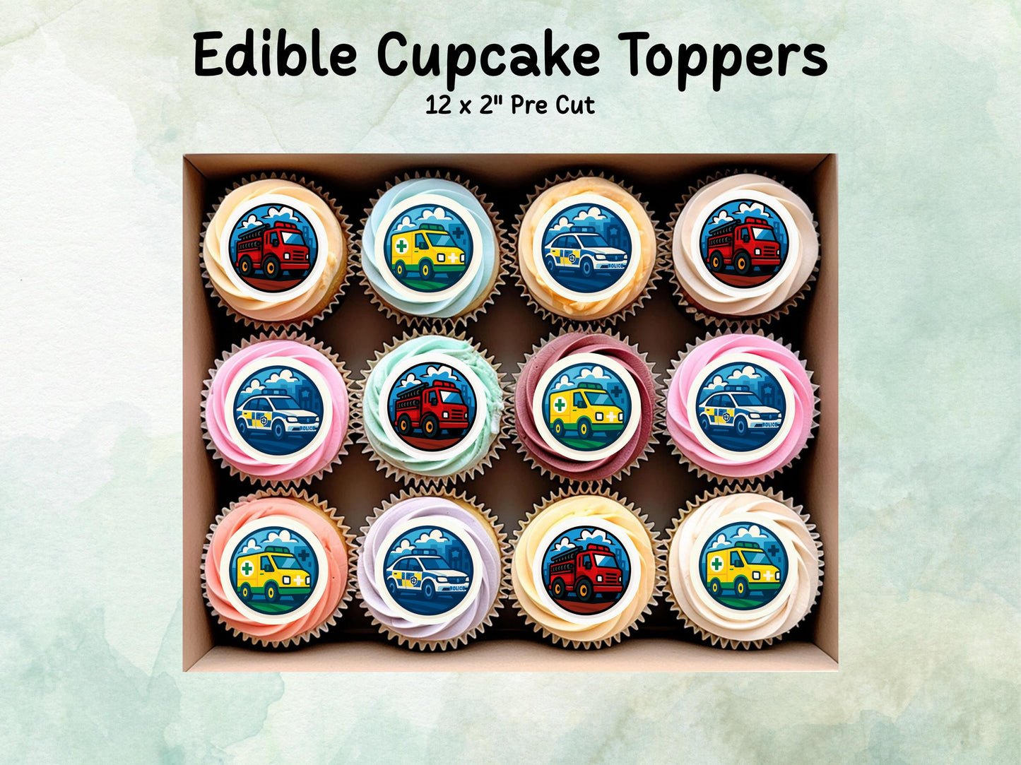 Emergency Vehicle Edible Cupcake Toppers 12 x 2"– Pre cut Wafer Paper, Card or Icing Sheet, Fire Engine, Ambulance, Police Car Cake Toppers