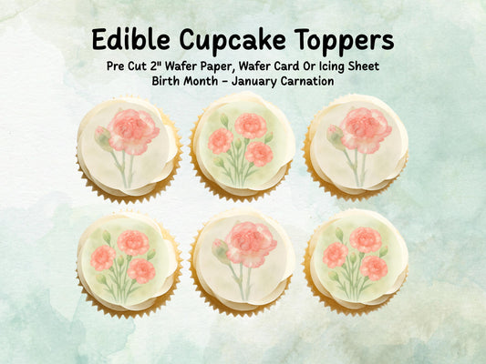 January Birth Flower Edible Cupcake Toppers – 12 x 2" Carnation Design - Pre cut Wafer Paper, Card or Icing Sheet, Floral Cake Topper