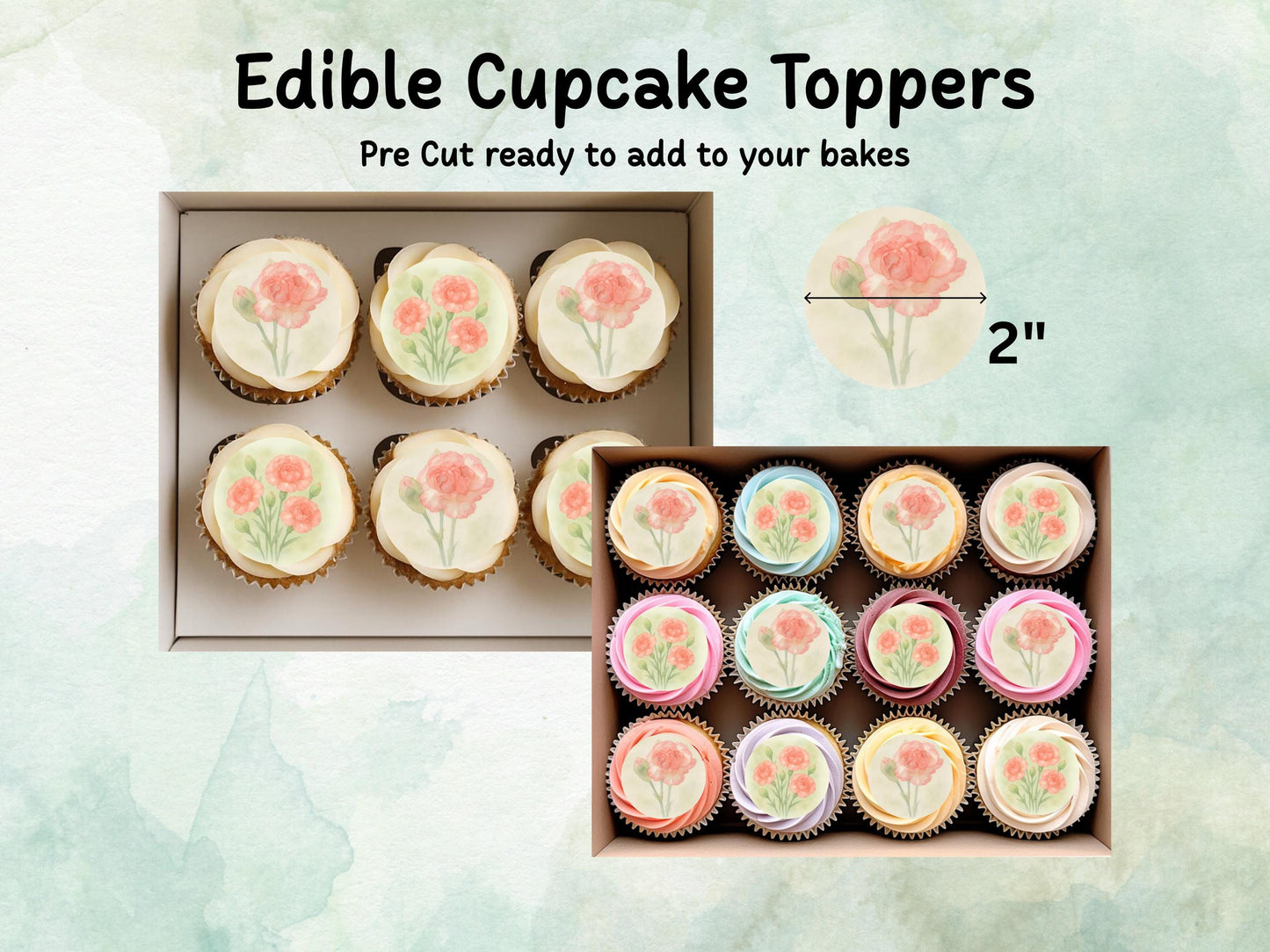 January Birth Flower Edible Cupcake Toppers – 12 x 2" Carnation Design - Pre cut Wafer Paper, Card or Icing Sheet, Floral Cake Topper