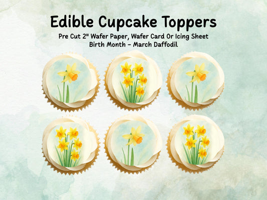 March Birth Flower Edible Cupcake Toppers – 12 x 2" Daffodil Design, Pre cut Wafer Paper, Card or Icing Sheet, Floral Cake Topper