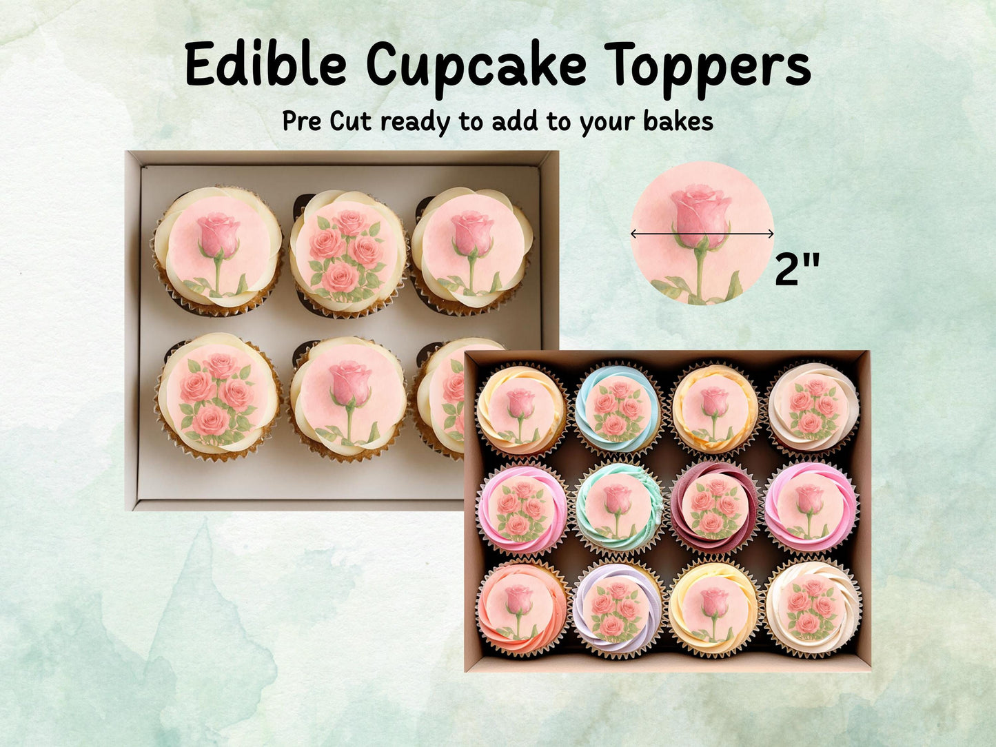 June Birth Flower Edible Cupcake Toppers – 12 x 2" Rose Design, Pre cut Wafer Paper, Card or Icing Sheet, Floral Cake Topper