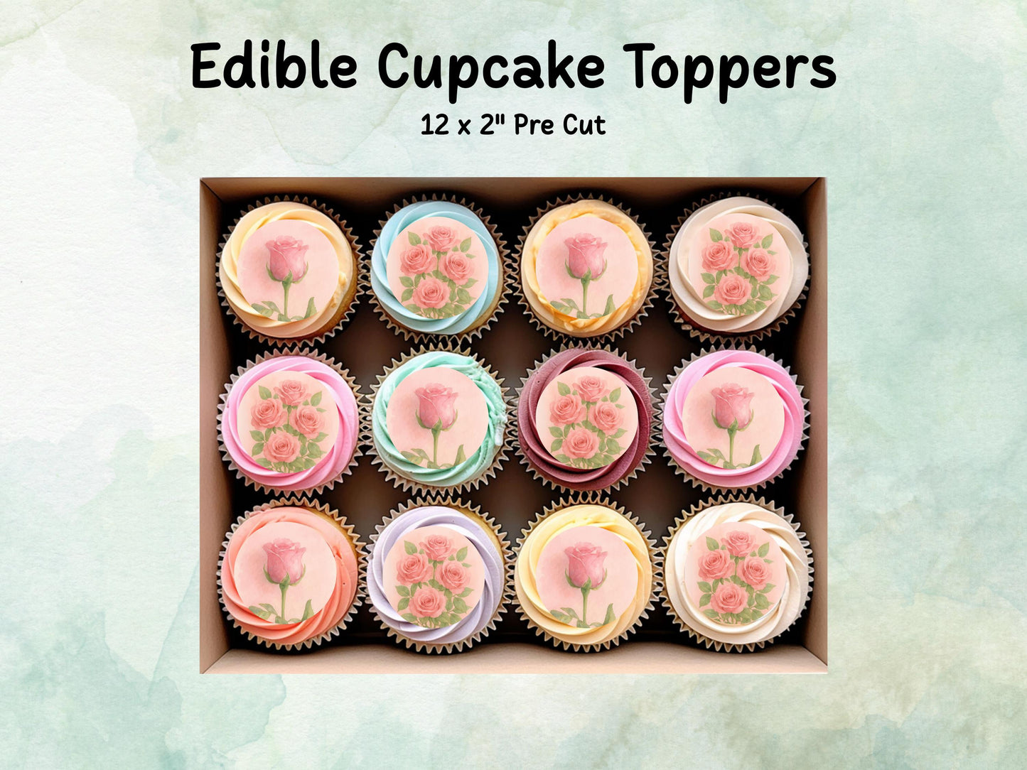 June Birth Flower Edible Cupcake Toppers – 12 x 2" Rose Design, Pre cut Wafer Paper, Card or Icing Sheet, Floral Cake Topper