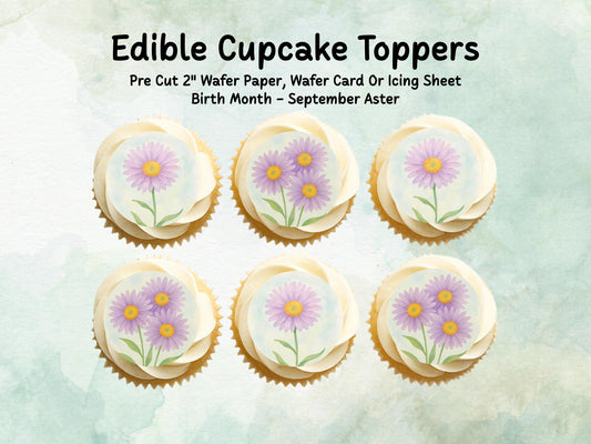 September Birth Flower Edible Cupcake Toppers – 12 x 2" Aster Design, Pre cut Wafer Paper, Card or Icing Sheet, Floral Cake Topper