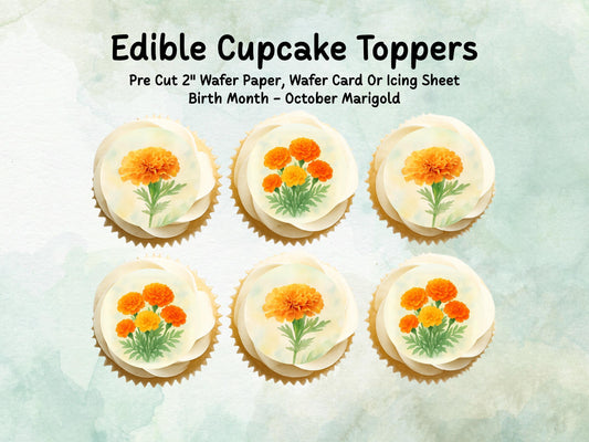 October Birth Flower Edible Cupcake Toppers – 12 x 2" Marigold Design, Pre cut Wafer Paper, Card or Icing Sheet, Floral Cake Topper