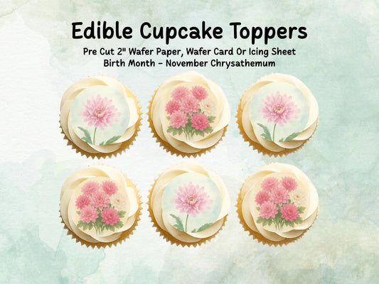 November Birth Flower Edible Cupcake Toppers – 12 x 2" Chrysanthemum Design, Pre cut Wafer Paper, Card or Icing Sheet, Floral Cake Topper