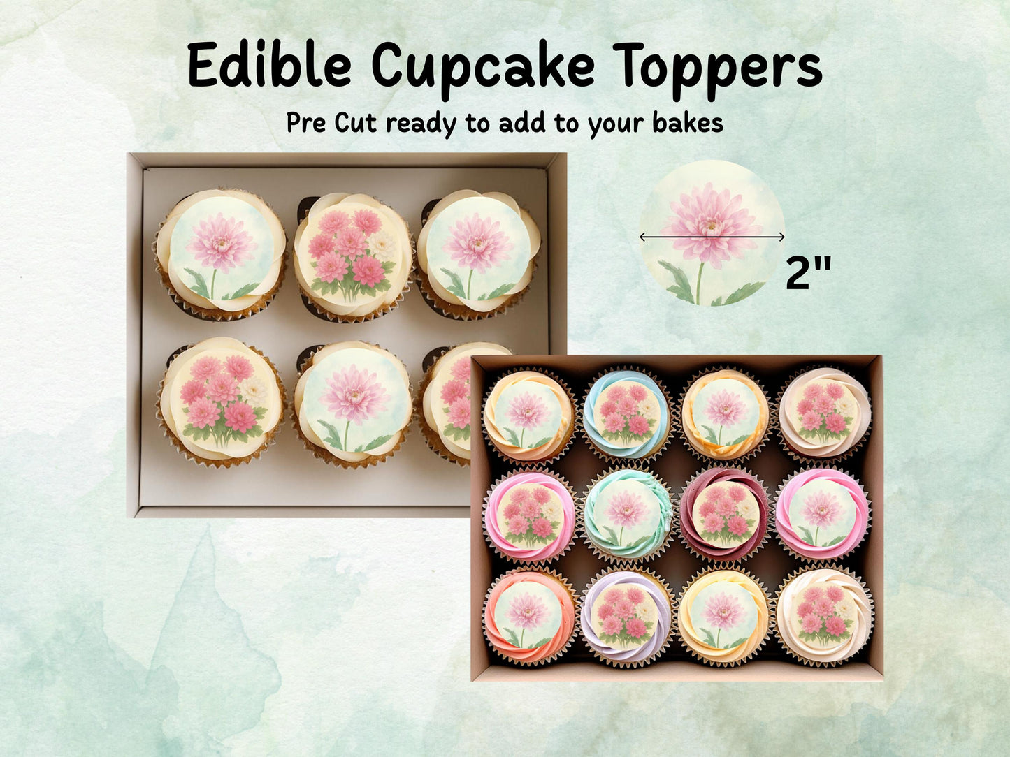 November Birth Flower Edible Cupcake Toppers – 12 x 2" Chrysanthemum Design, Pre cut Wafer Paper, Card or Icing Sheet, Floral Cake Topper