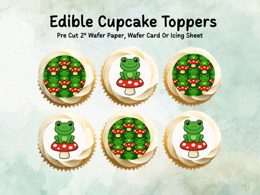 Cute Frog on a Mushroom Edible Cupcake Toppers 12 x 2"– Pre cut Wafer Paper, Card or Icing Sheet, Frog Birthday Cake Topper