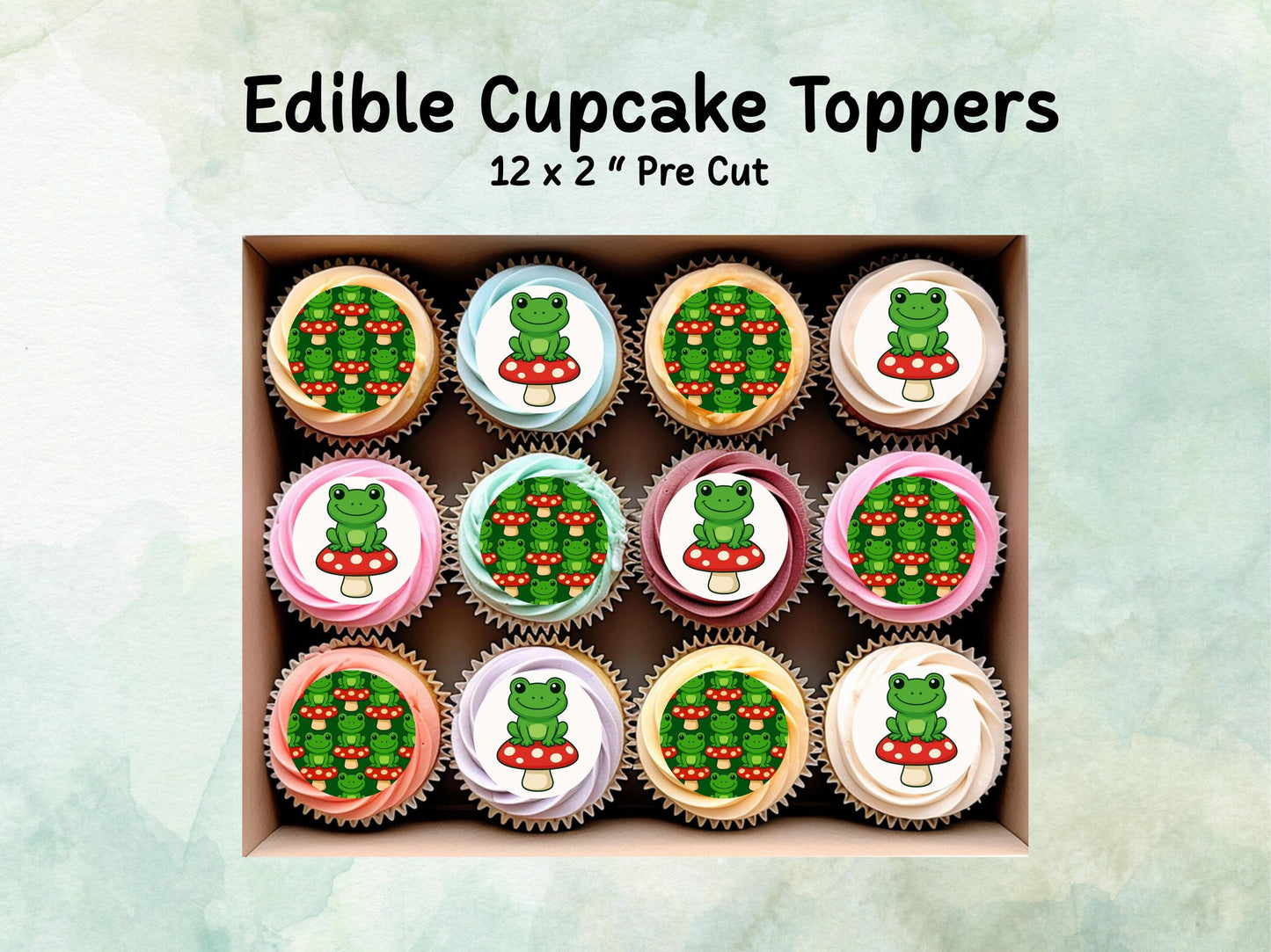 Cute Frog on a Mushroom Edible Cupcake Toppers 12 x 2"– Pre cut Wafer Paper, Card or Icing Sheet, Frog Birthday Cake Topper