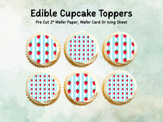Strawberry Edible Cupcake Toppers – 12 x 2" Pre cut Wafer Paper, Card or Icing Sheet, Fruit Cake Toppers, Cute Birthday Decorations