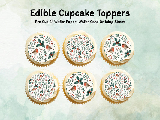 Christmas Edible Cupcake Toppers 12 x 2" – Pre cut Wafer Paper, Card or Icing Sheet, Robin and Holly Festive Cake Topper