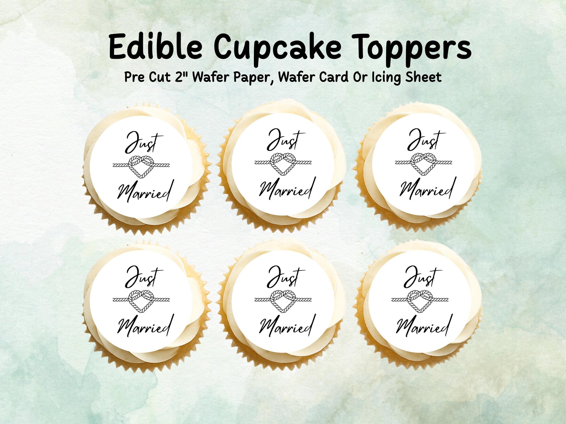 Just Married Edible Cupcake Toppers 12 x 2" – Pre cut Wafer Paper, Card or Icing Sheet, Wedding Cake Topper