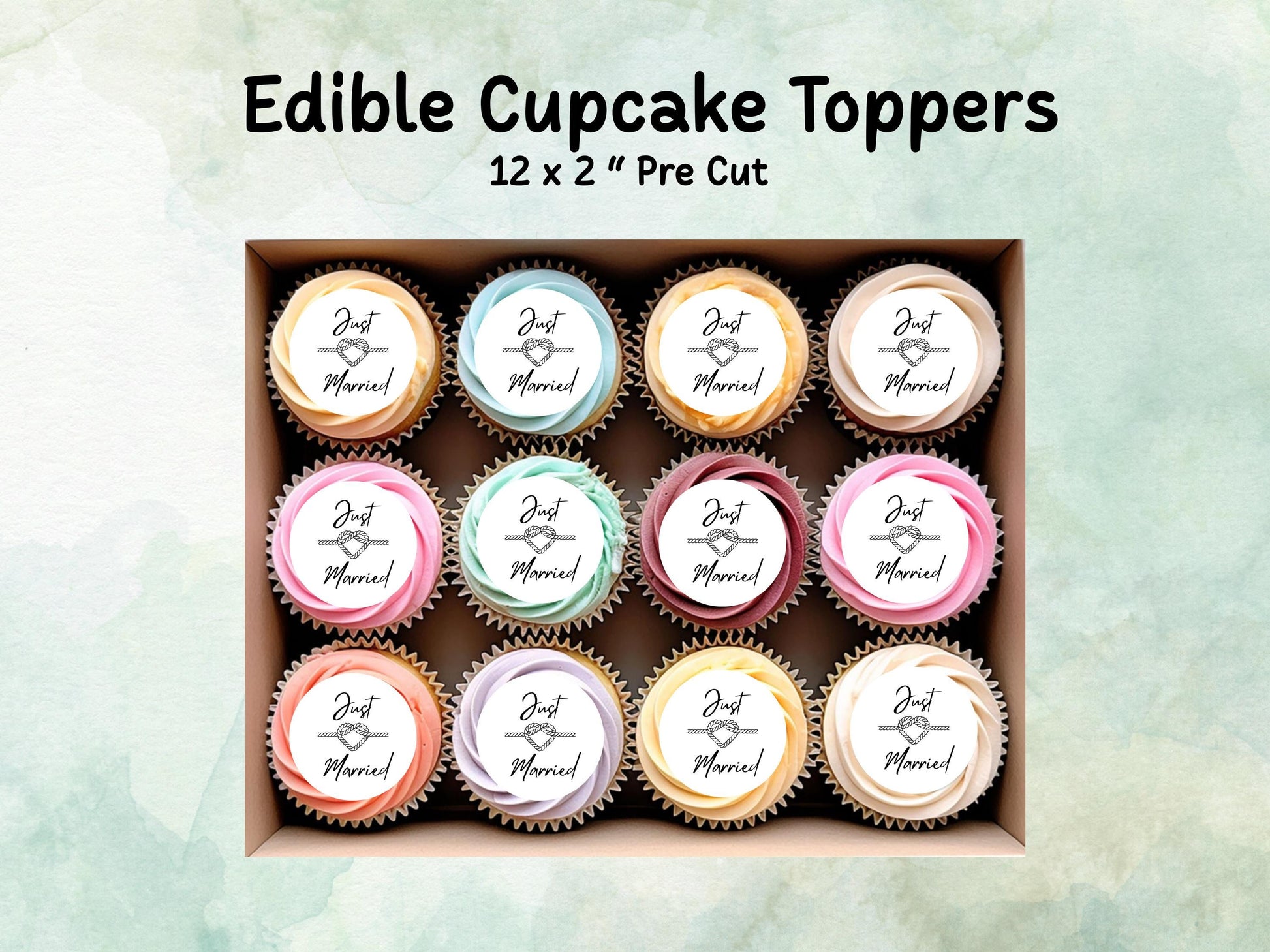 Just Married Edible Cupcake Toppers 12 x 2" – Pre cut Wafer Paper, Card or Icing Sheet, Wedding Cake Topper