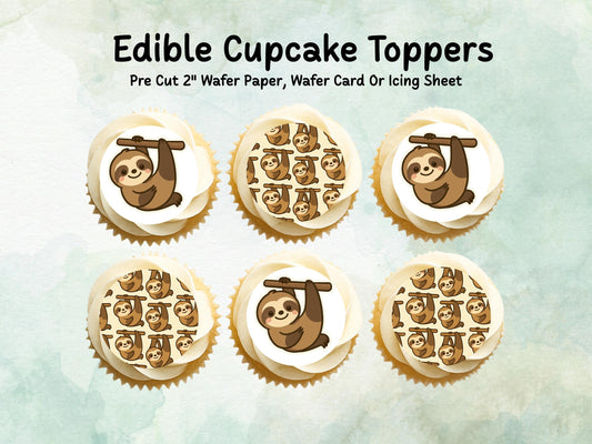 Cute Sloth Edible Cupcake Toppers 12 x 2"– Pre cut Wafer Paper, Card or Icing Sheet, Sloth Birthday Cake Topper, Kids Birthday Cake
