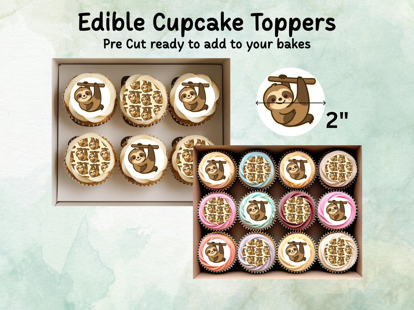Cute Sloth Edible Cupcake Toppers 12 x 2"– Pre cut Wafer Paper, Card or Icing Sheet, Sloth Birthday Cake Topper, Kids Birthday Cake