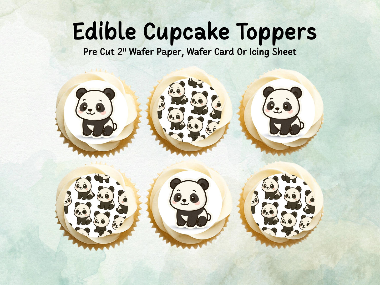 Cute Panda Edible Cupcake Toppers 12 x 2"– Pre cut Wafer Paper, Card or Icing Sheet, Panda Birthday Cake Topper, Kids Birthday Cake