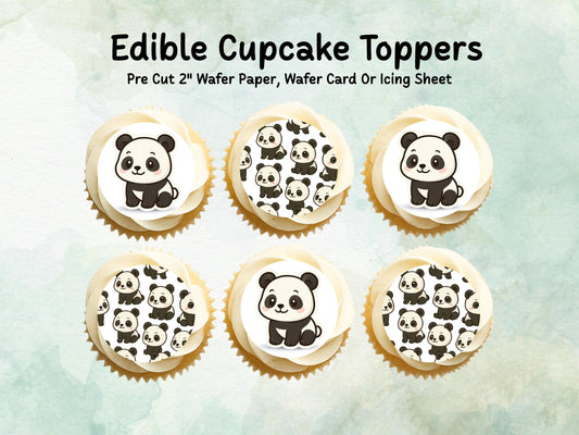 Cute Panda Edible Cupcake Toppers 12 x 2"– Pre cut Wafer Paper, Card or Icing Sheet, Panda Birthday Cake Topper, Kids Birthday Cake