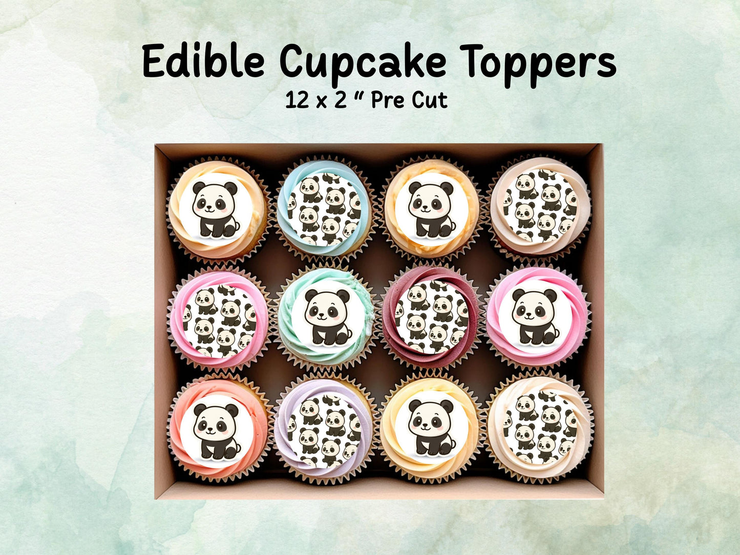 Cute Panda Edible Cupcake Toppers 12 x 2"– Pre cut Wafer Paper, Card or Icing Sheet, Panda Birthday Cake Topper, Kids Birthday Cake