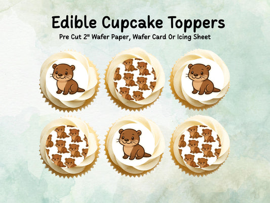 Cute Otter Edible Cupcake Toppers 12 x 2"– Pre cut Wafer Paper, Card or Icing Sheet, Otter Birthday Cake Topper, Kids Birthday Cake