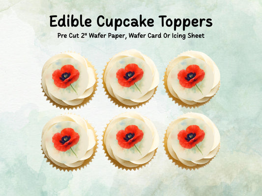 Red Poppy Edible Cupcake Toppers 12 x 2" – Pre cut Wafer Paper, Card or Icing Sheet, Remembrance Day Edible Cake Decorations