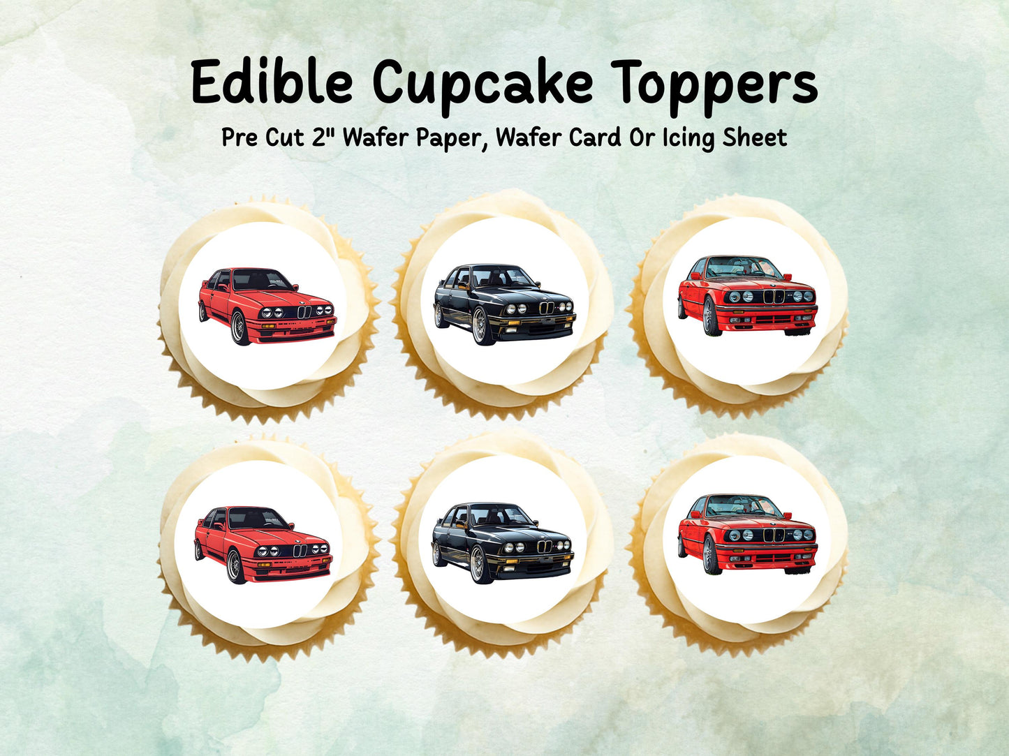 BMW Car Edible Cupcake Toppers 12 x 2" – Pre cut Wafer Paper, Card or Icing Sheet, Sports car Cake Topper