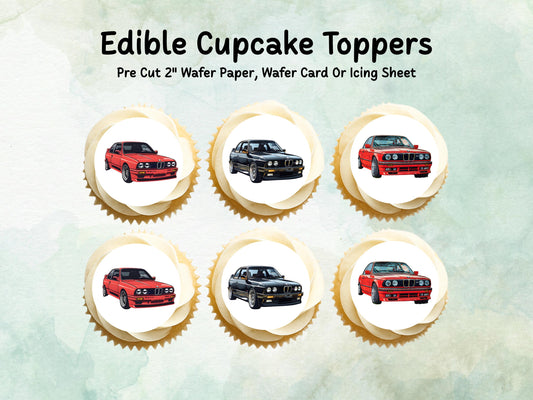 BMW Car Edible Cupcake Toppers 12 x 2" – Pre cut Wafer Paper, Card or Icing Sheet, Sports car Cake Topper