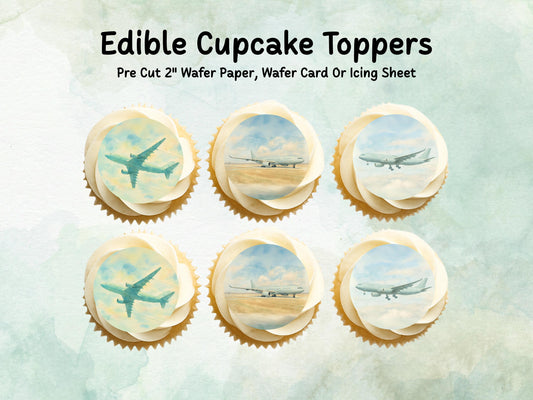 Aeroplane A330 Edible Cupcake Toppers 12 x 2"– Pre cut Wafer Paper, Card or Icing Sheet, Aviation Airplane Cake decorations