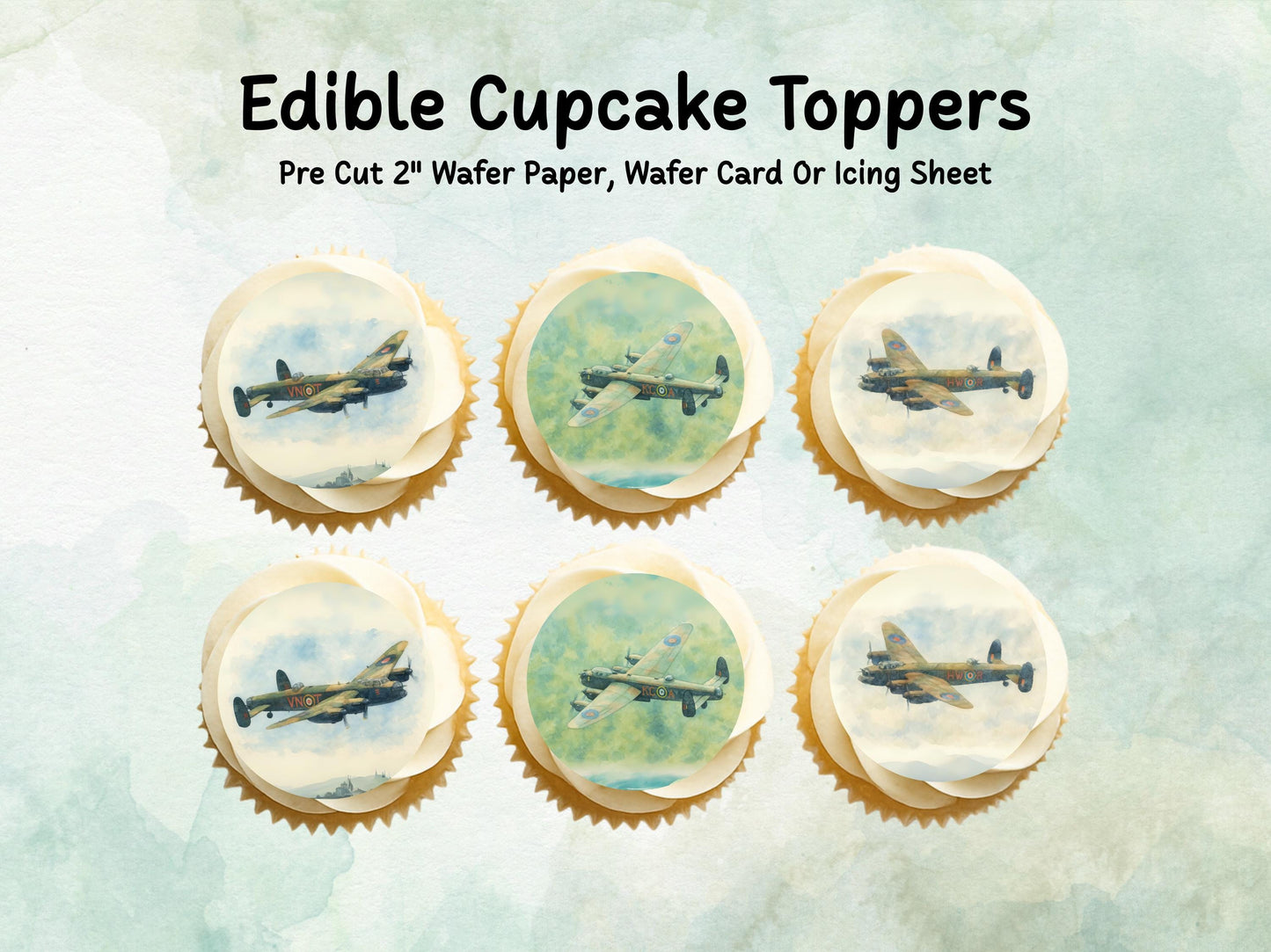 Lancaster Aeroplane Edible Cupcake Toppers 12 x 2"– Pre cut Wafer Paper, Card or Icing Sheet, Aviation Airplane Cake decorations