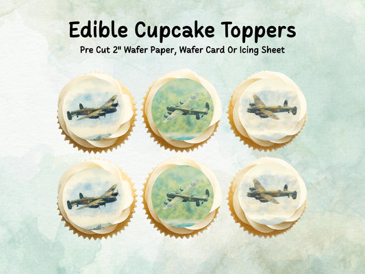 Lancaster Aeroplane Edible Cupcake Toppers 12 x 2"– Pre cut Wafer Paper, Card or Icing Sheet, Aviation Airplane Cake decorations