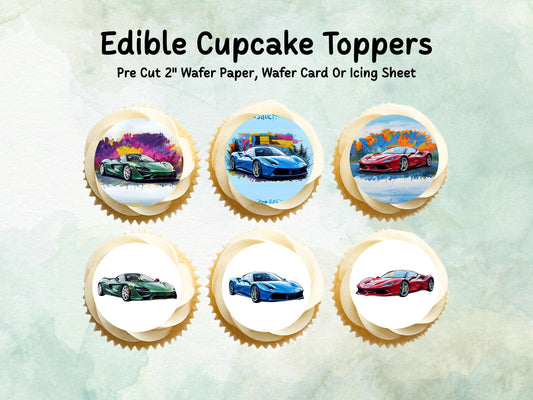 Sports Car Edible Cupcake Toppers 12 x 2" – Pre cut Wafer Paper, Card or Icing Sheet, Sports Car Cake Decoration