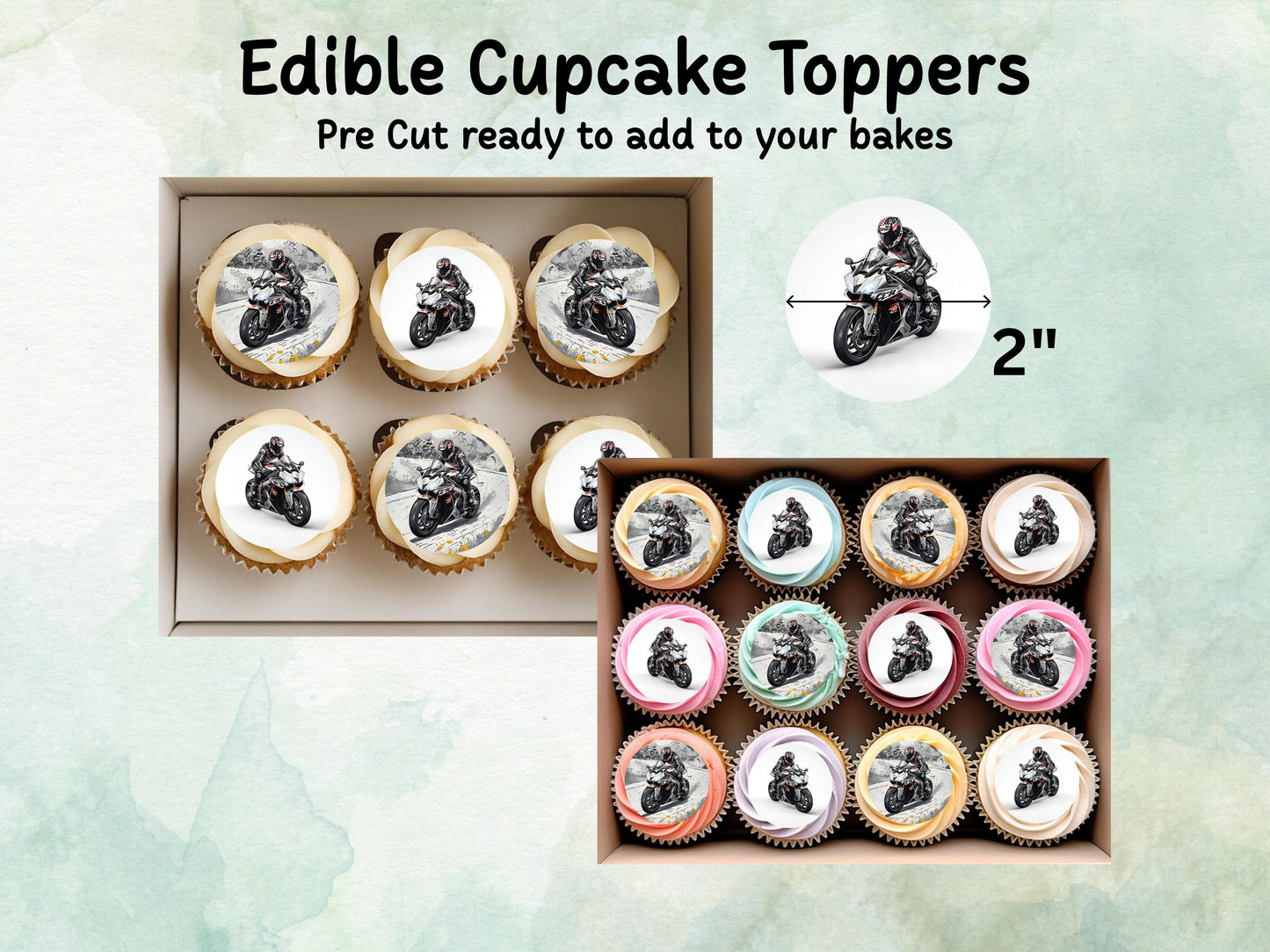 Motorbike Edible Cupcake Toppers 12 x 2" – Pre cut Wafer Paper, Card or Icing Sheet, Biker Party Cake Decoration, Motorcycle Birthday Topper