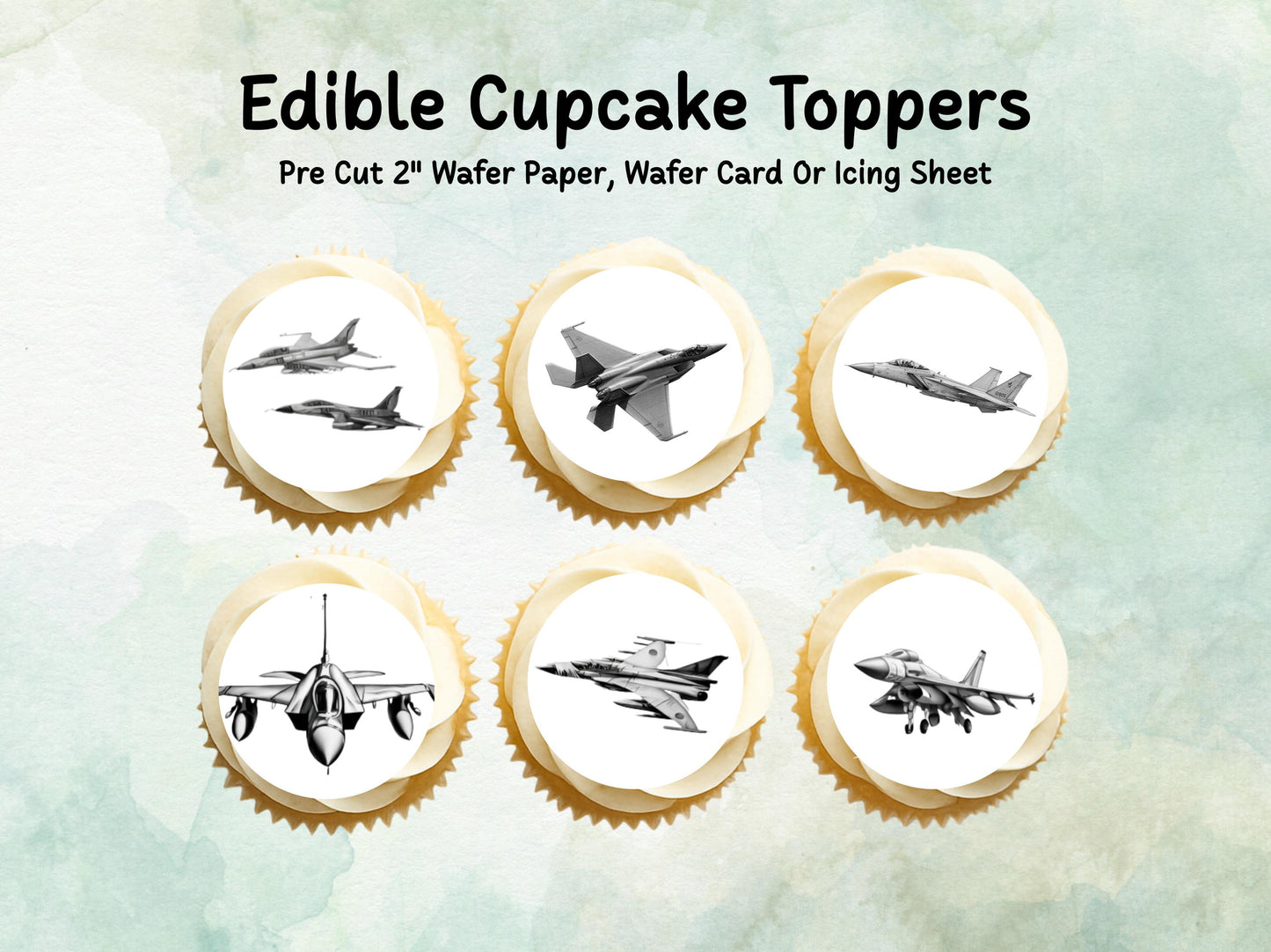 Jet Edible Cupcake Toppers 12 x 2"– Pre cut Wafer Paper, Card or Icing Sheet, Jet Airshow Cake and Cookie Decorations