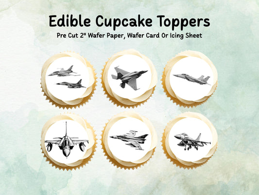 Jet Edible Cupcake Toppers 12 x 2"– Pre cut Wafer Paper, Card or Icing Sheet, Jet Airshow Cake and Cookie Decorations